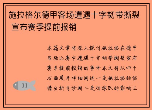 施拉格尔德甲客场遭遇十字韧带撕裂 宣布赛季提前报销