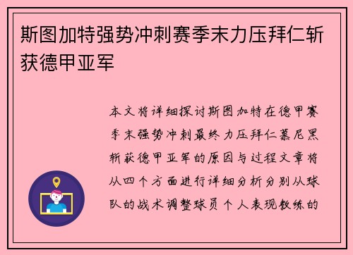 斯图加特强势冲刺赛季末力压拜仁斩获德甲亚军