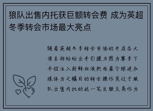狼队出售内托获巨额转会费 成为英超冬季转会市场最大亮点